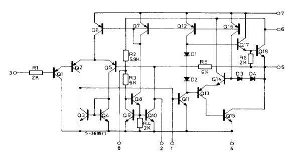The internal schematic for the TBA820M amplifier chip