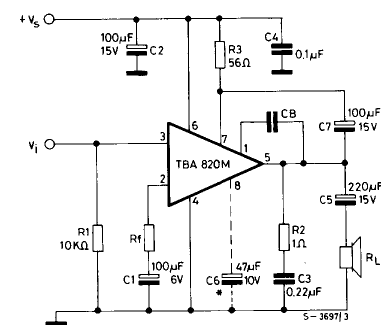 The example schematic for the TBA820M amplifier chip