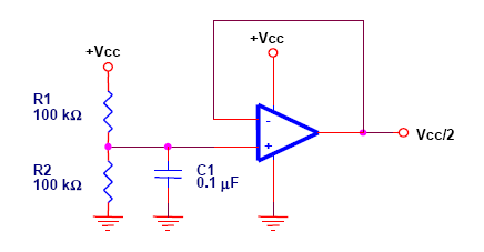 A schematic for a virtual ground held at half the supply voltage