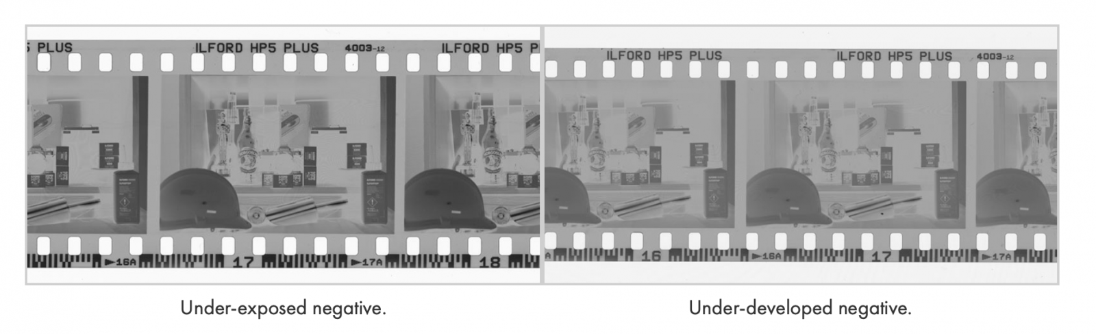 A picture of two photographic negatives side by side. The left hand one shows an under-exposed negative, the right hand one shows an under-developed negative.