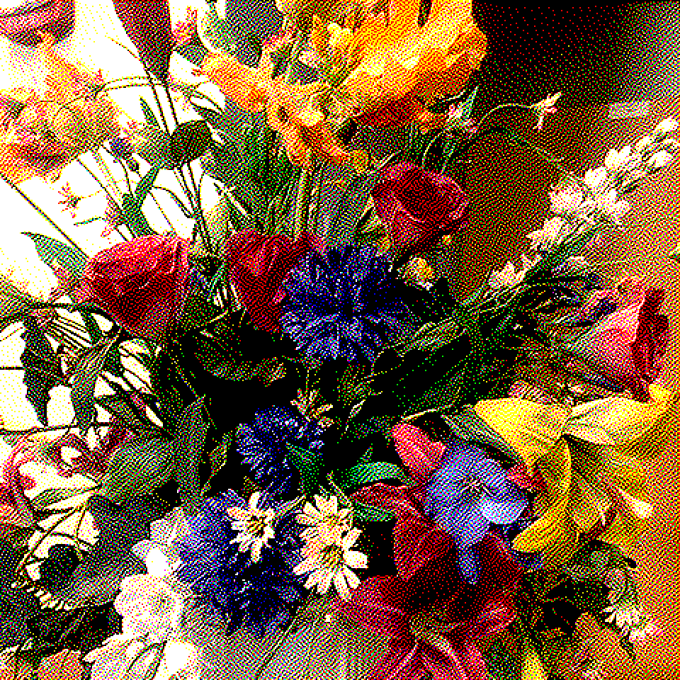 A pixelated, dithered color image of a flower bouquet 